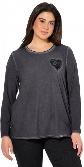 Ulla Popken Cold Dyed Sequined Heart Long Sleeve Tee Asphalt - Bedruckte T-shirts für herren - Bedruckte Damen-T-Shirts