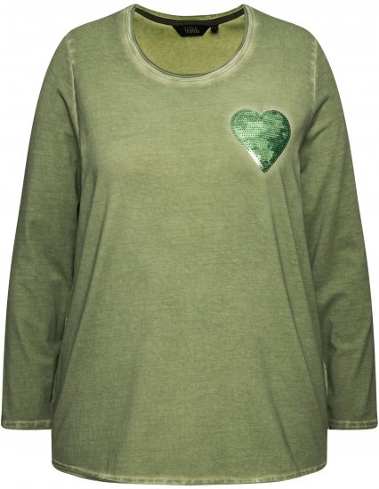 Ulla Popken Cold Dyed Sequined Heart Long Sleeve Tee Sage Green - Bedruckte T-shirts für herren - 