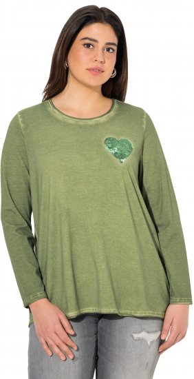 Ulla Popken Cold Dyed Sequined Heart Long Sleeve Tee Sage Green - Bedruckte T-shirts für herren - 