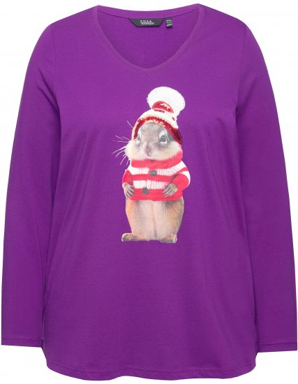 Ulla Popken Christmas Squirrel Long Sleeve Graphic Tee Dark Purple - Bedruckte T-shirts für herren - Bedruckte Damen-T-Shirts