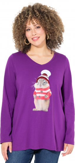 Ulla Popken Christmas Squirrel Long Sleeve Graphic Tee Dark Purple - Bedruckte T-shirts für herren - Bedruckte Damen-T-Shirts