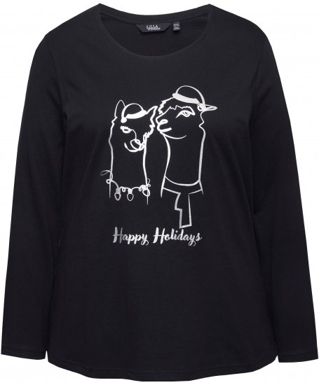 Ulla Popken Metallic Graphic Holiday Tee Black - Bedruckte T-shirts für herren - Bedruckte Damen-T-Shirts