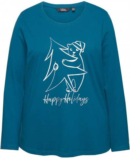 Ulla Popken Metallic Graphic Holiday Tee Teal - Bedruckte T-shirts für herren - Bedruckte Damen-T-Shirts