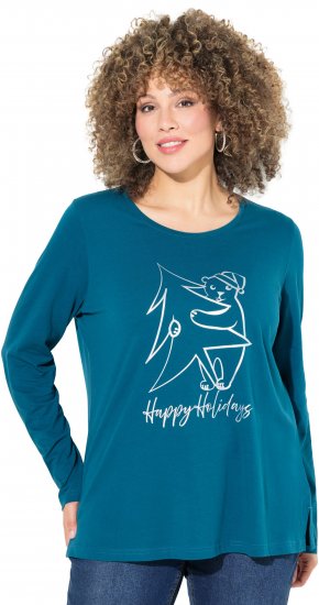 Ulla Popken Metallic Graphic Holiday Tee Teal - Bedruckte T-shirts für herren - Bedruckte Damen-T-Shirts