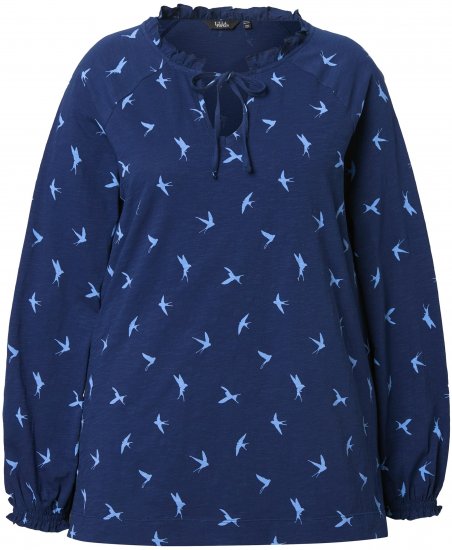 Ulla Popken Swallow Print Long Sleeve Tee Ink Blue - Bedruckte T-shirts für herren - 