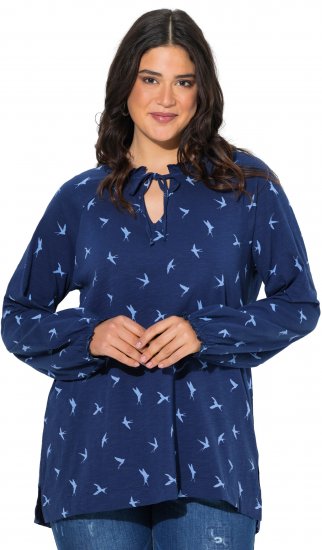 Ulla Popken Swallow Print Long Sleeve Tee Ink Blue - Bedruckte T-shirts für herren - 