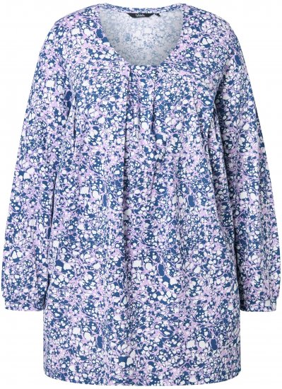 Ulla Popken Allover Printed Pleated Long Sleeve Tee Dark Blue - Bedruckte T-shirts für herren - 