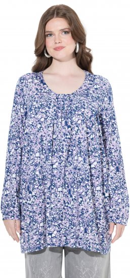Ulla Popken Allover Printed Pleated Long Sleeve Tee Dark Blue - Bedruckte T-shirts für herren - 