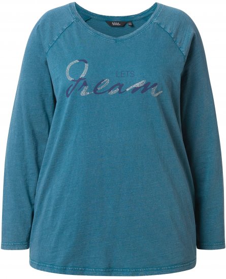 Ulla Popken Dream Rhinestone Lettering Long Sleeve Tee Teal - Bedruckte T-shirts für herren - Bedruckte Damen-T-Shirts