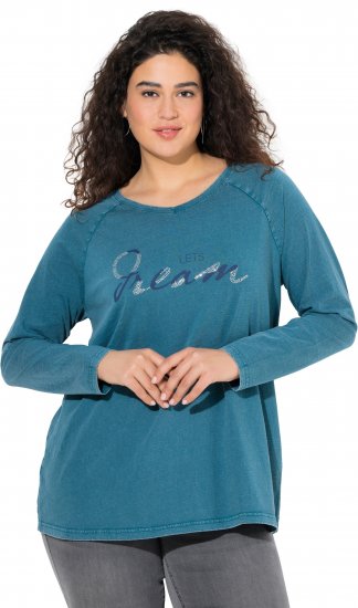 Ulla Popken Dream Rhinestone Lettering Long Sleeve Tee Teal - Bedruckte T-shirts für herren - Bedruckte Damen-T-Shirts