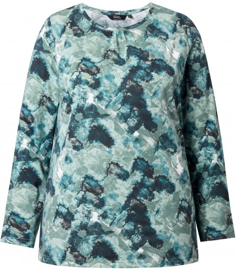 Ulla Popken Abstract Print Long Sleeve Tee Teal Green - Bedruckte T-shirts für herren - 