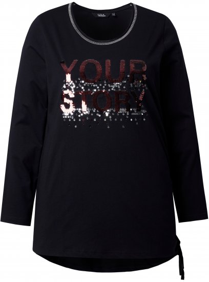 Ulla Popken Your Story Sequined Long Sleeve Tunic Tee Black - Bedruckte T-shirts für herren - Bedruckte Damen-T-Shirts