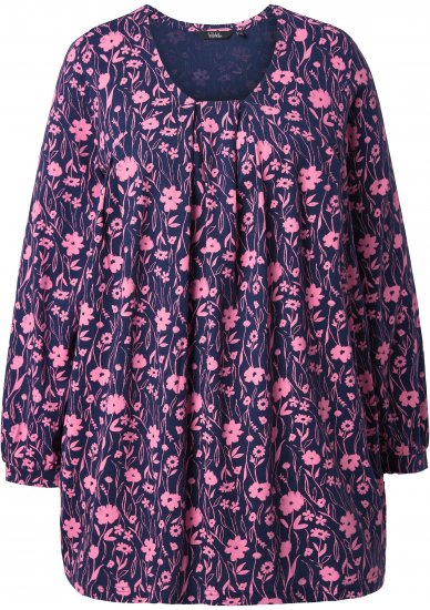Ulla Popken Pleated Long Sleeve Floral Knit Tunic Ink Blue - Bedruckte T-shirts für herren - 