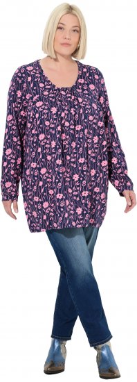 Ulla Popken Pleated Long Sleeve Floral Knit Tunic Ink Blue - Bedruckte T-shirts für herren - 