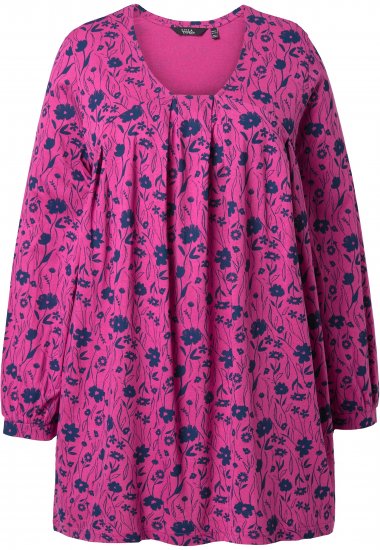 Ulla Popken Pleated Long Sleeve Floral Knit Tunic Summer Berry - Bedruckte T-shirts für herren - 