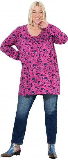 Ulla Popken Pleated Long Sleeve Floral Knit Tunic Summer Berry - Bedruckte T-shirts für herren - 