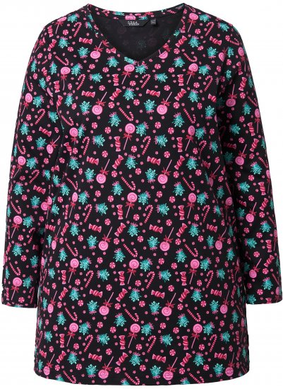 Ulla Popken Peppermint Tree V-Neck Holiday Cotton Long Sleeve Knit Tunic Black - Bedruckte T-shirts für herren - Bedruckte Damen-T-Shirts