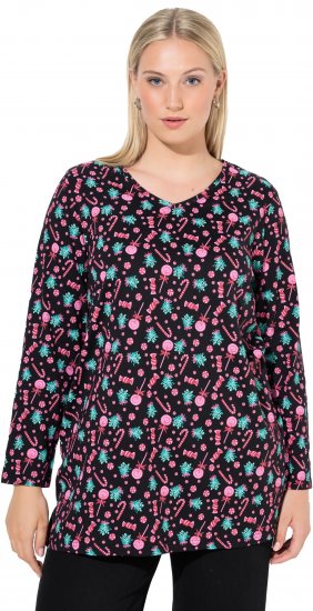 Ulla Popken Peppermint Tree V-Neck Holiday Cotton Long Sleeve Knit Tunic Black - Bedruckte T-shirts für herren - Bedruckte Damen-T-Shirts