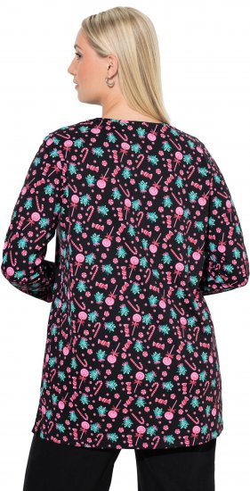 Ulla Popken Peppermint Tree V-Neck Holiday Cotton Long Sleeve Knit Tunic Black - Bedruckte T-shirts für herren - Bedruckte Damen-T-Shirts