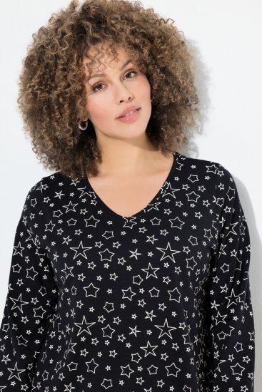 Ulla Popken Allover Printed Long Sleeve Tee Black - Bedruckte T-shirts für herren - Bedruckte Damen-T-Shirts