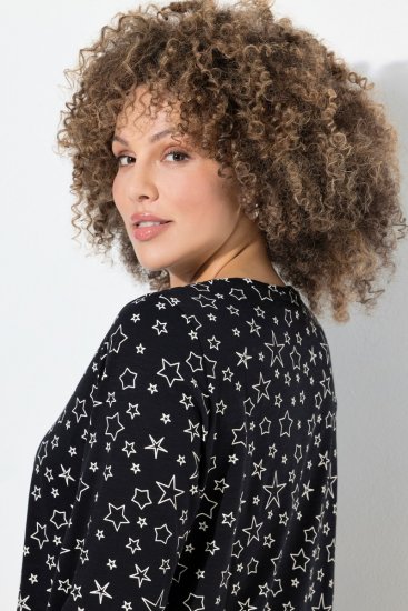 Ulla Popken Allover Printed Long Sleeve Tee Black - Bedruckte T-shirts für herren - Bedruckte Damen-T-Shirts
