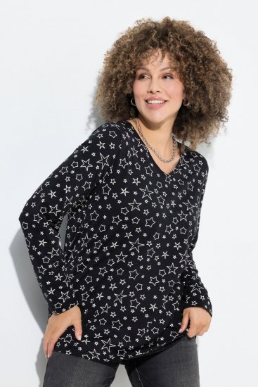 Ulla Popken Allover Printed Long Sleeve Tee Black - Bedruckte T-shirts für herren - Bedruckte Damen-T-Shirts