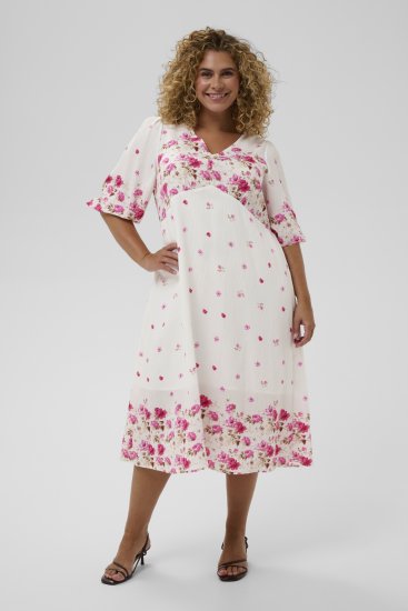 Kaffe Curve Rosa Midi Dress White Rose Border Flower - Kleider - Kleider für alle Größen