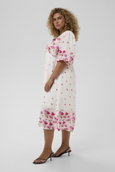 Kaffe Curve Rosa Midi Dress White Rose Border Flower - Kleider - Kleider für alle Größen