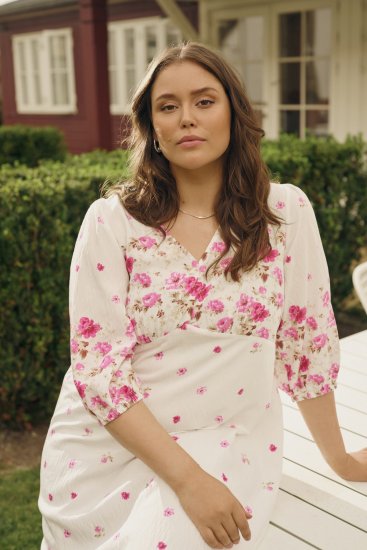 Kaffe Curve Rosa Midi Dress White Rose Border Flower - Kleider - Kleider für alle Größen