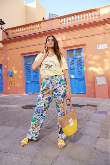 Ulla Popken Italy Print Elastic Waist Pants White - Jeans & Hosen in Großen Größen – Plus Size Damenmode - 