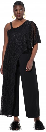 Ulla Popken Asymmetric Lace Panel Jumpsuit Black - Jeans & Hosen in Großen Größen – Plus Size Damenmode - 