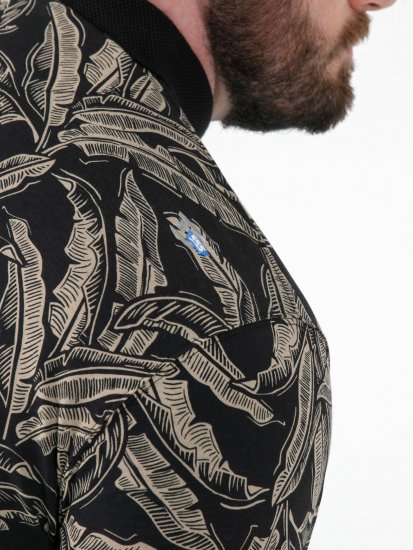 D555 Palmer Leaf Printed Jacquard Collar & Cuff Chest Pocket Polo Black - Polo-shirts für herren - Polo-Shirts für Herren in großen Größen