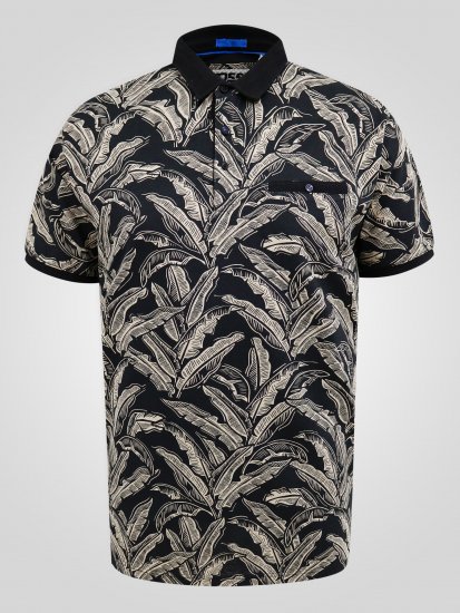 D555 Palmer Leaf Printed Jacquard Collar & Cuff Chest Pocket Polo Black - Polo-shirts für herren - Polo-Shirts für Herren in großen Größen