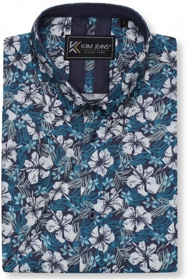 Kam Jeans 6061 Hibiscus Floral Print Short Sleeve Shirt Midnight Blue - Herrenhemden in großen Größen - Herrenhemden in großen Größen