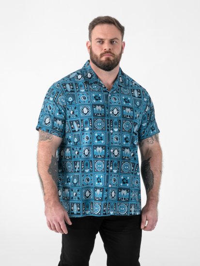 D555 Hawkins Printed Cuban Collar Resort Short Sleeve Shirt Teal - Herrenhemden - Herrenhemden in großen Größen