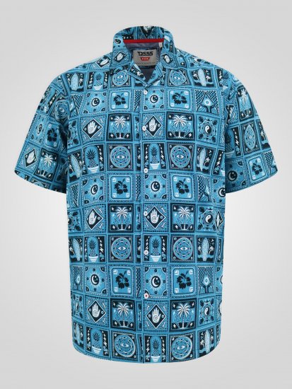 D555 Hawkins Printed Cuban Collar Resort Short Sleeve Shirt Teal - Herrenhemden - Herrenhemden in großen Größen