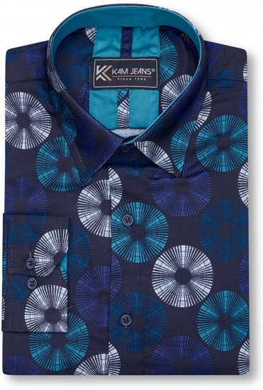 Kam Jeans 6071 Record Print Long Sleeve Shirt Navy - Herrenhemden - Herrenhemden in großen Größen
