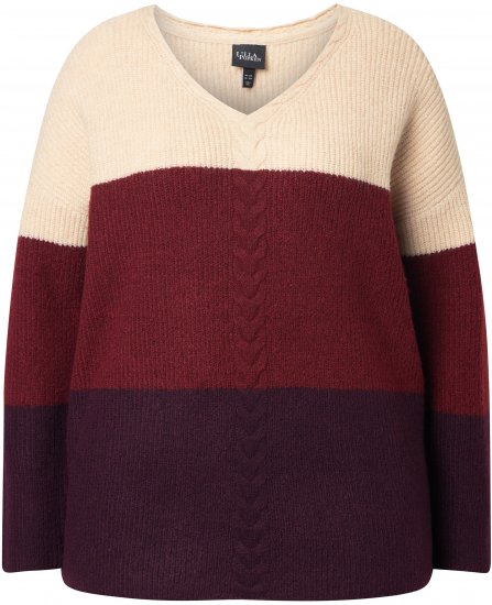 Ulla Popken Cable Knit Block Stripe V-Neck Sweater Dark Ruby - Hoodies & Sweatshirts - 