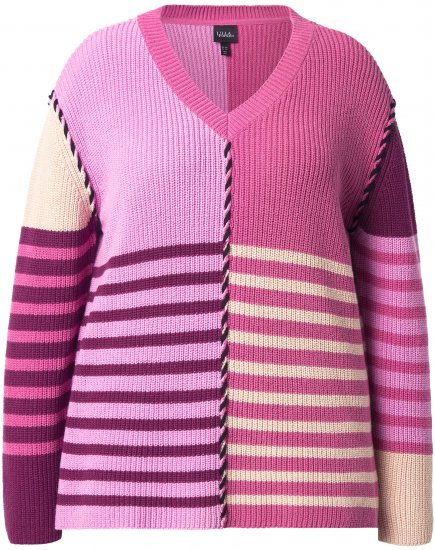 Ulla Popken Patchwork Striped Long Sleeve V-Neck Sweater Raspberry - Hoodies & Sweatshirts - 