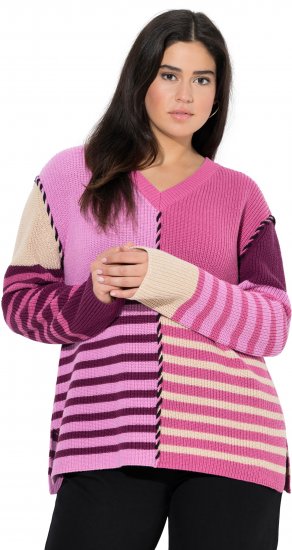 Ulla Popken Patchwork Striped Long Sleeve V-Neck Sweater Raspberry - Hoodies & Sweatshirts - 