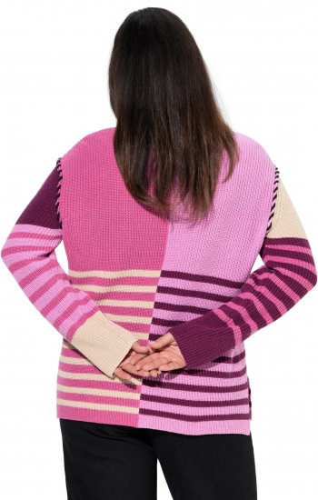 Ulla Popken Patchwork Striped Long Sleeve V-Neck Sweater Raspberry - Hoodies & Sweatshirts - 