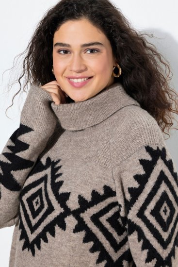 Ulla Popken Aztec Pattern Turtleneck Sweater Pebble Grey - Hoodies & Sweatshirts - Kuschelige Sweatshirts & Strick