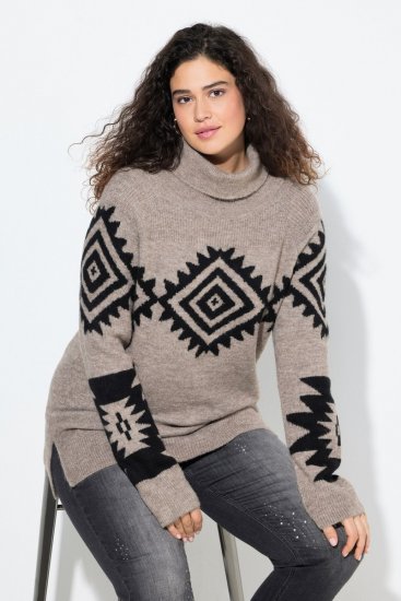 Ulla Popken Aztec Pattern Turtleneck Sweater Pebble Grey - Hoodies & Sweatshirts - Kuschelige Sweatshirts & Strick