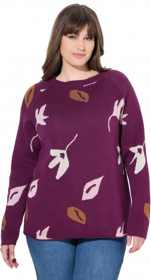 Ulla Popken Eco Cotton Leaf Pattern Long Sleeve Sweater Forest Berry - Hoodies & Sweatshirts - 