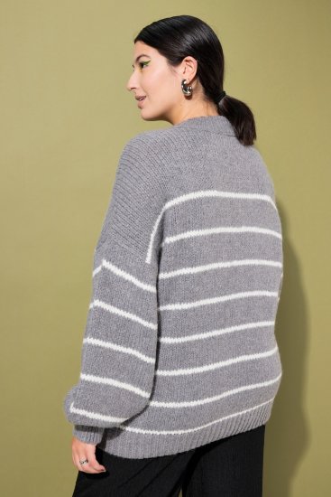 Ulla Popken Oversized Striped Balloon Sleeve Sweater Grey Melange - Hoodies & Sweatshirts - Kuschelige Sweatshirts & Strick