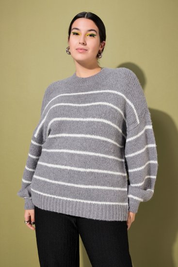 Ulla Popken Oversized Striped Balloon Sleeve Sweater Grey Melange - Hoodies & Sweatshirts - Kuschelige Sweatshirts & Strick