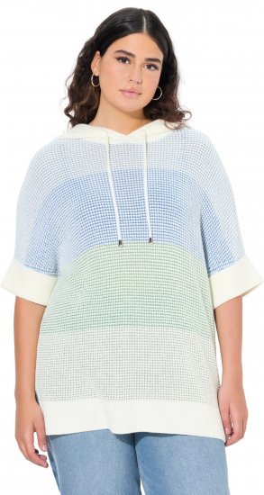 Ulla Popken Block Stripe Hooded Short Sleeve Sweater Mint Green - Hoodies & Sweatshirts - 