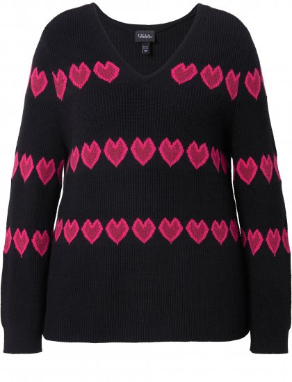 Ulla Popken Heart Print Long Sleeve V-Neck Sweater Black - Hoodies & Sweatshirts - Kuschelige Sweatshirts & Strick