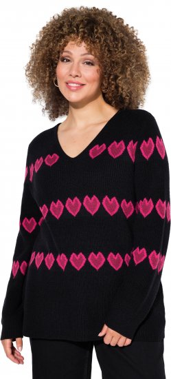 Ulla Popken Heart Print Long Sleeve V-Neck Sweater Black - Hoodies & Sweatshirts - Kuschelige Sweatshirts & Strick