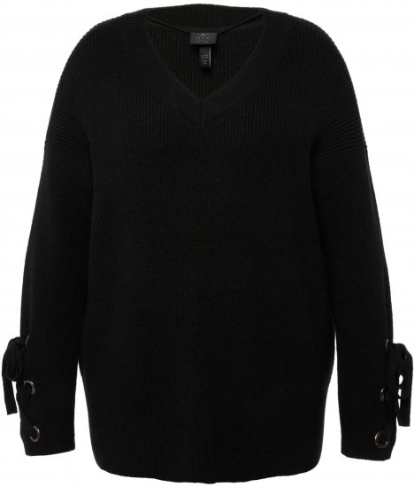 Ulla Popken Lace-Up Cuff Long Sleeve V-Neck Sweater Black - Hoodies & Sweatshirts - 